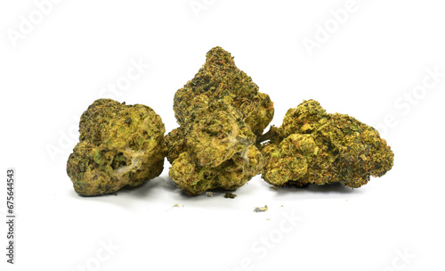 Close-up of cannabis flower bouquet, clearly visible details separated from the background, cut background png, dried cannabis flower with flowers and transparent background shadow.
