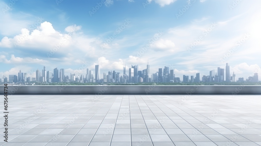 Empty square floor and city skyline with building background, text space.