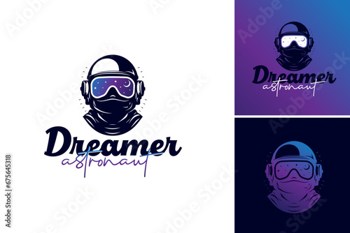 A man in a astronaut helmet logo design template. This asset is suitable for designs related to space exploration, imagination, dreaming, and adventure.