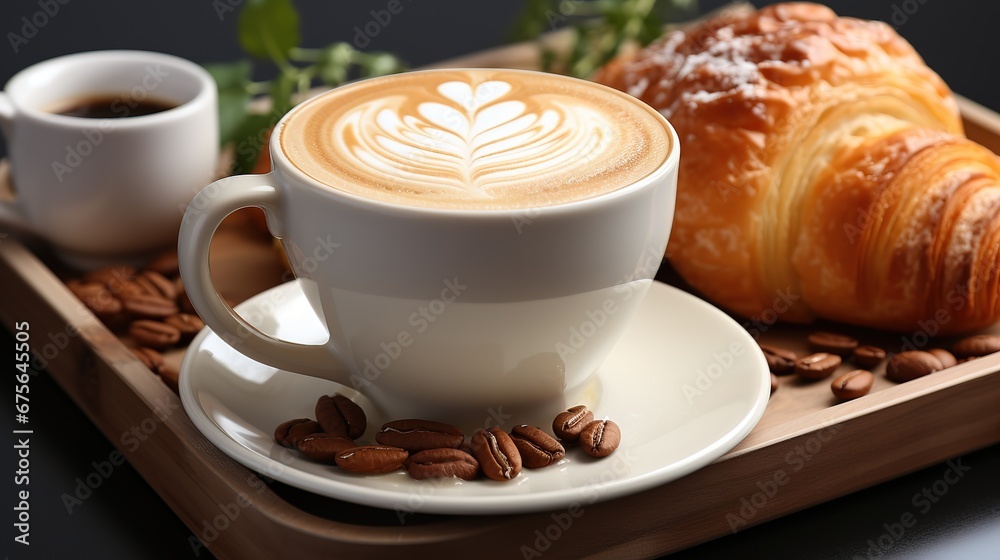 Cup of hot latte coffee cholit milk foam on a matte tray with and with fresh croissant. Energy aroma morning