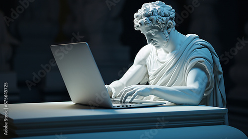 Ancient sculpture working with laptop