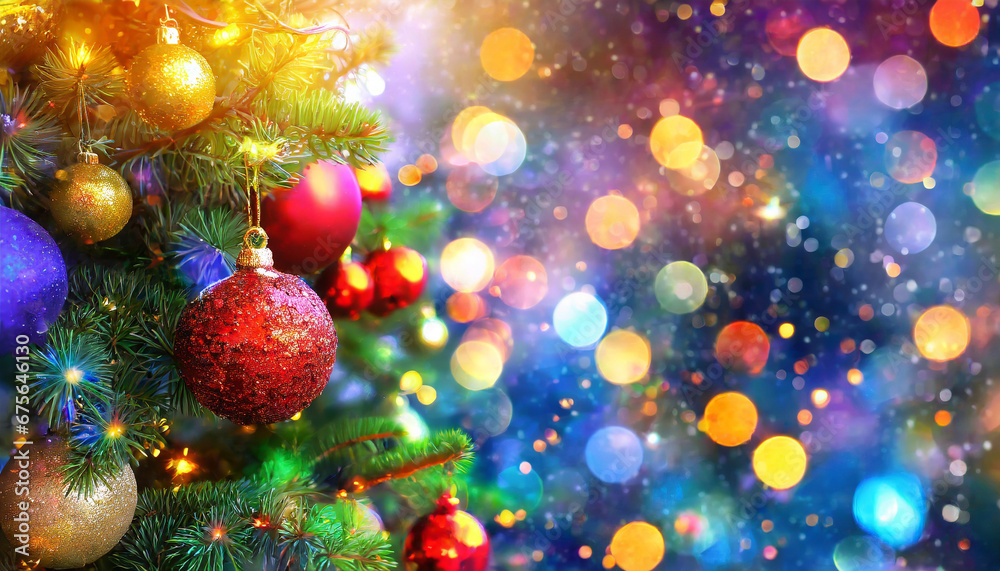 Christmas tree adorned with baubles and toys, evoking the holiday spirit in a blurred background