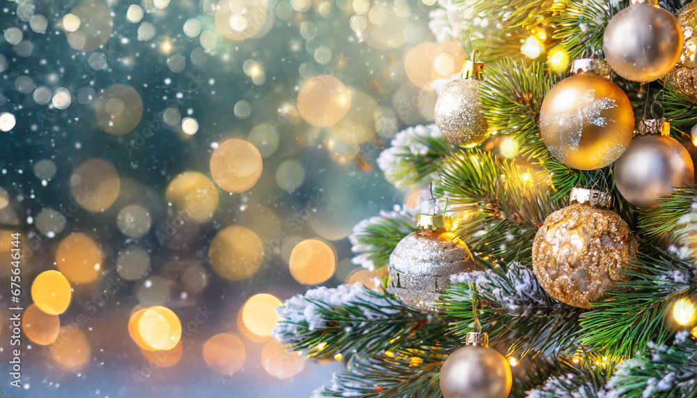 Christmas tree adorned with baubles and toys, evoking the holiday spirit in a blurred background Christmas tree adorned with baubles and toys, evoking the holiday spirit in a blurred background