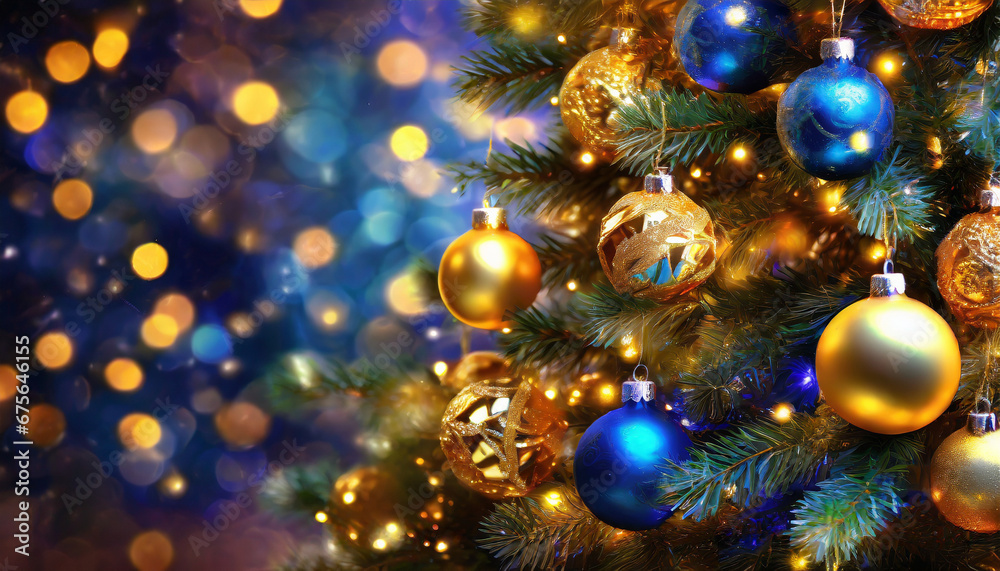 Christmas tree adorned with baubles and toys, evoking the holiday spirit in a blurred background