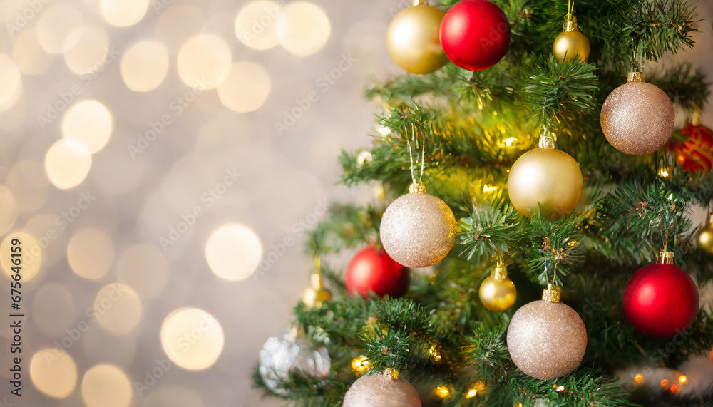 Christmas tree adorned with baubles and toys, evoking the holiday spirit in a blurred background