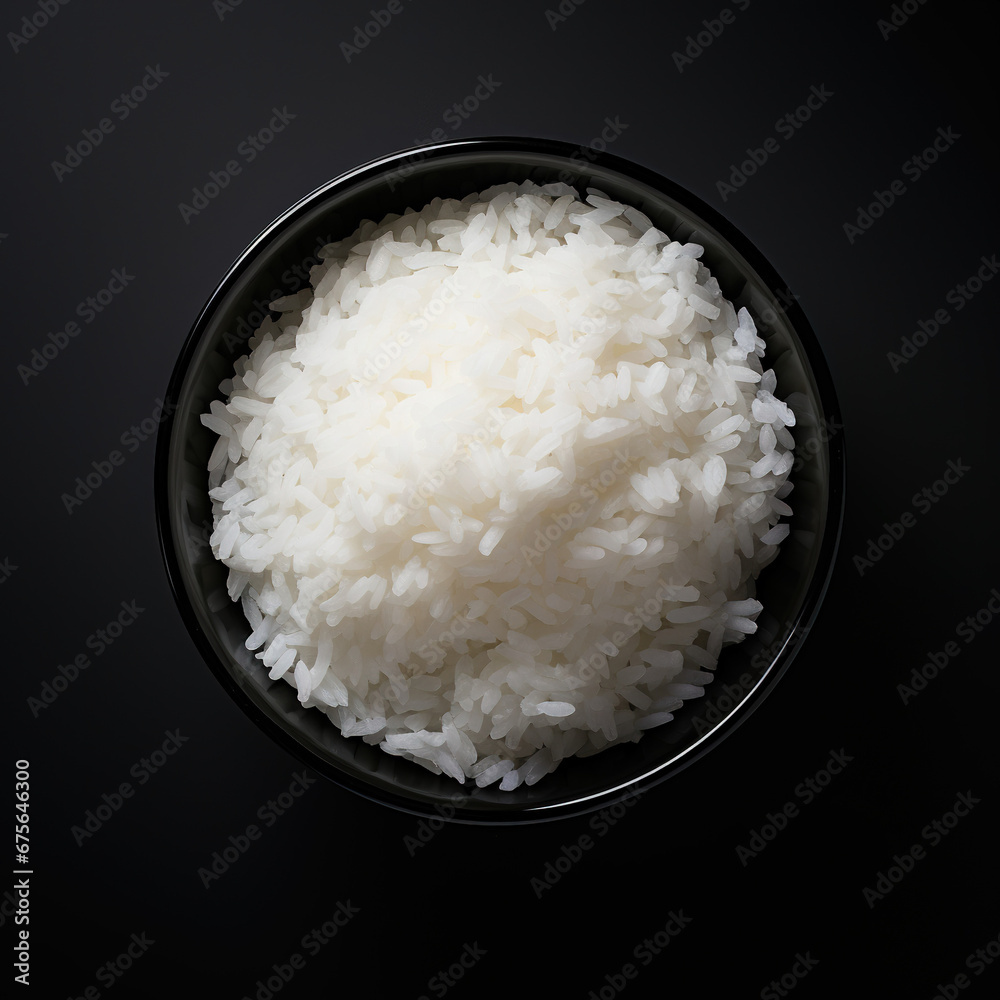White steamed white rice in black bowl on white background White steamed white rice in black bowl on white background