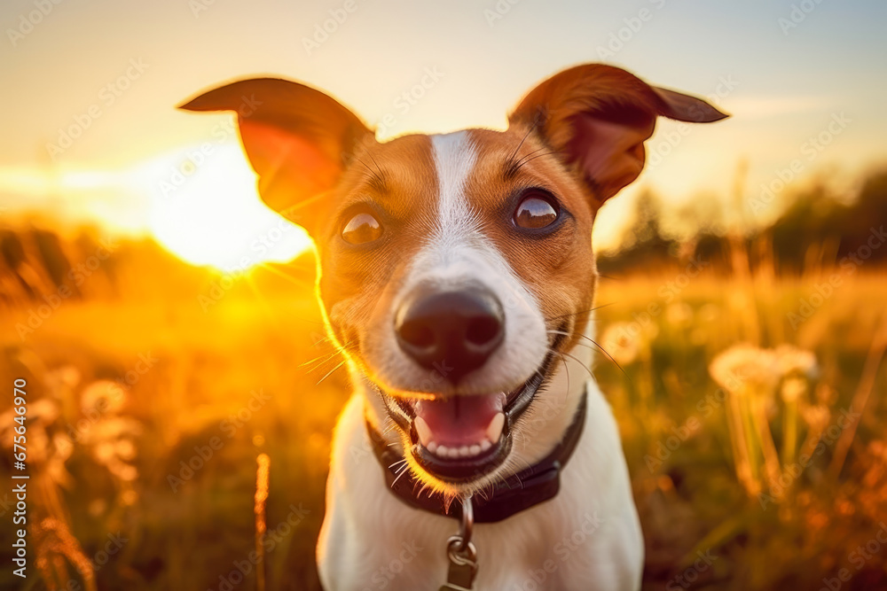 Jack russell terrier dog in the field at sunset.