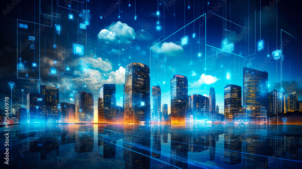 Modern city at night with digital cloud computing concept.