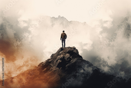 Man standing on the top of a mountain and looking at the sky