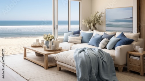 living room interior deisgn with coastal interiod design style white and blue material color scheme and finishing beautiful living room with view window of ocaen beach seascape daylight from window