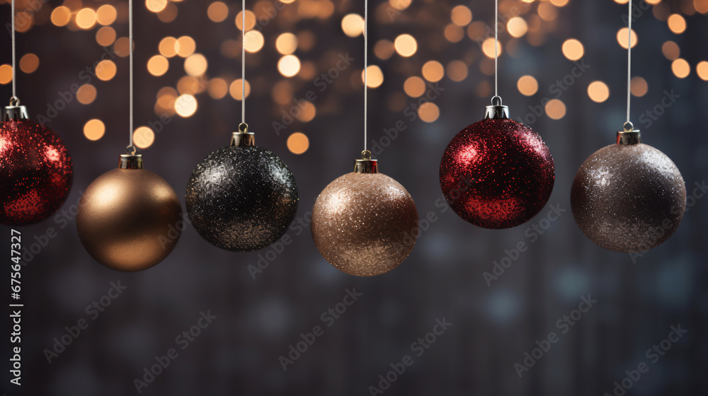 Christmas spheres of golden color with a defocused bokeh background of lights Christmas spheres of golden color with a defocused bokeh background of lights
