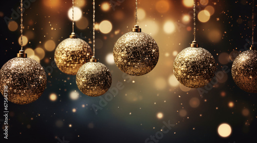 Christmas spheres of golden color with a defocused bokeh background of lights