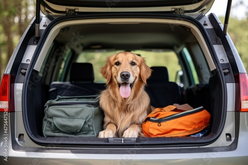 Dog sitting in car trunk waiting for owner to return with ears perked up listening for sign