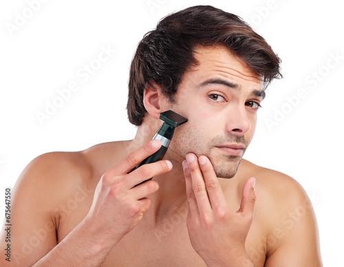 Shaving, razor and portrait of man for skincare, wellness and health on png and transparent background. Beauty, beard and face of isolated person shave for grooming, hygiene and facial hair removal