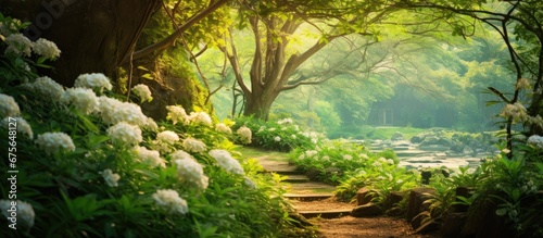 In the lush forest the vibrant green leaves sway gently in the summer breeze creating a stunning background of natural beauty Amidst the sea of leaves a garden blooms with colorful flowers 