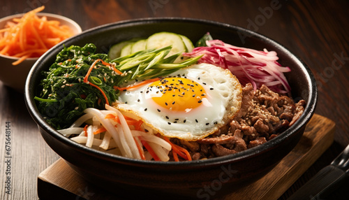Bibimbap served in a sizzling hot stone bowl with an assortment of delectable ingredients, including kimchi, fresh vegetables, and a perfectly fried egg