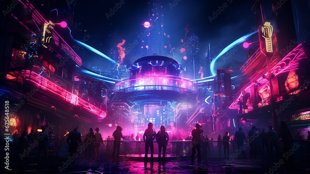 Neon lights dance to the rhythm of the DJ's music, creating an unforgettable new year's night. Neon lights dance to the rhythm of the DJ's music, creating an unforgettable new year's night.