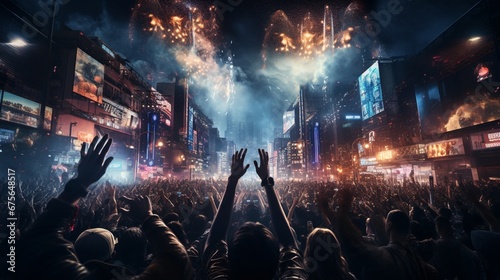 On a digital street, the DJ's music unites souls in celebration on new year's night.