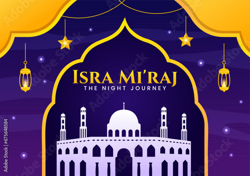 Isra Mi'raj Vector Illustration. Translation The Night Journey Prophet Muhammad. with Mosque and Lantern in Islamic Holiday Flat Cartoon Background