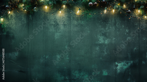 rustic green wall with christmas lights hanging on it photo