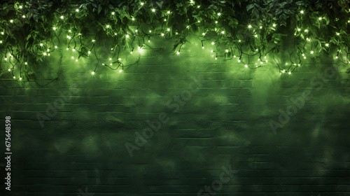 rustic green wall with christmas lights hanging on it