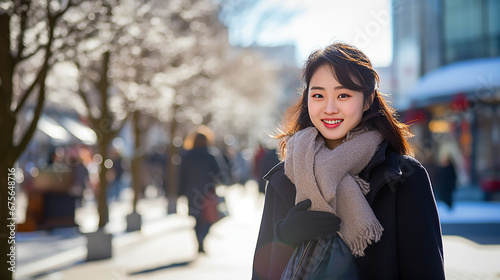 Young Asian woman shopping in a winter city