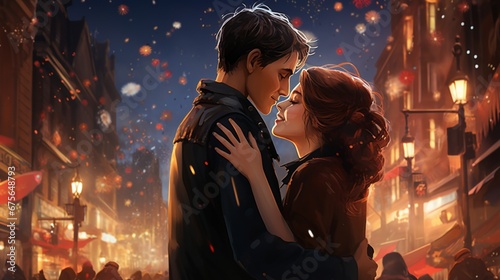Two romantic figures steal kisses beneath a brilliant night sky, celebrating the new year's arrival while surrounded by a lively street festival.