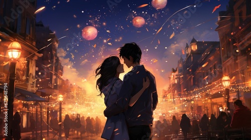 Two lovers share a secret embrace beneath the starry sky, celebrating the new year with affection amidst a bustling street filled with revelers.
