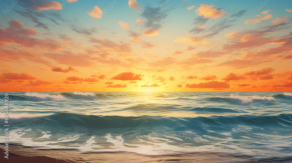  Capturing the Sublime Essence of a Sunset Painting with Ocean Waves and Sandy Shores background generative ai