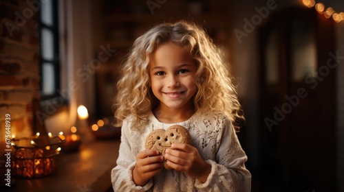 Happy little blonde girl holding gingerbread man cookie at home