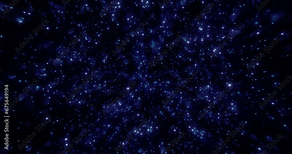 Fototapeta premium Abstract blue background of small round bokeh particles, beautiful holiday snowflakes, magical snow, energetic bright glowing cosmic stars