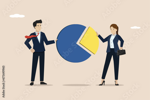 Company shareholders, investors or company stock assets, business people holding part of a pie chart metaphor holding shares. Illustration of a successful businessman.