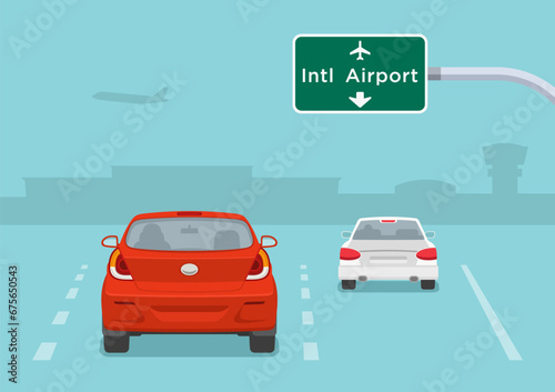 Traffic regulation rules. Airport sign. Sedan cars are approaching an airport. Back view of a traffic flow on highway. Flat vector illustration template.