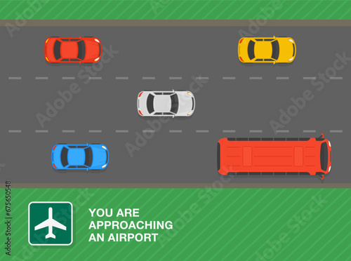 Safe driving tips and traffic regulation rules. Approaching an airport sign. Top view of a traffic flow on highway. Flat vector illustration template.