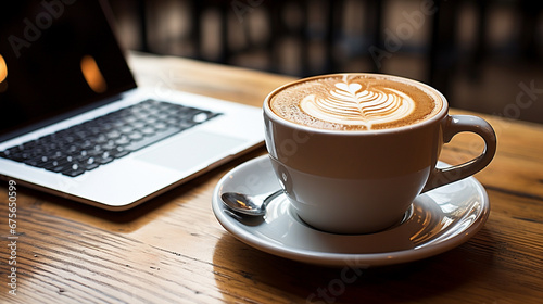 cup of coffee with laptop HD 8K wallpaper Stock Photographic Image 