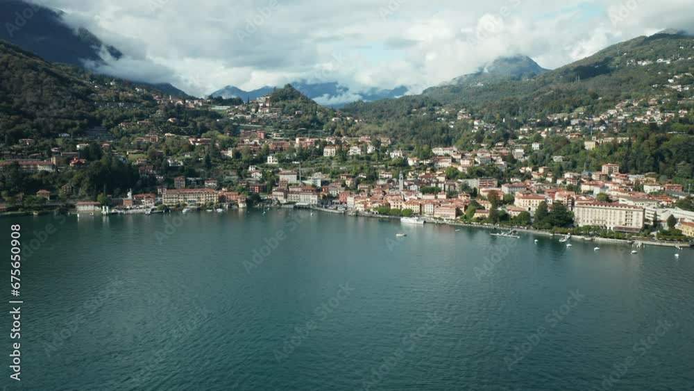 AERIAL: Cloudsy Mountains Surround Town of Menaggio AERIAL: Cloudsy Mountains Surround Town of Menaggio