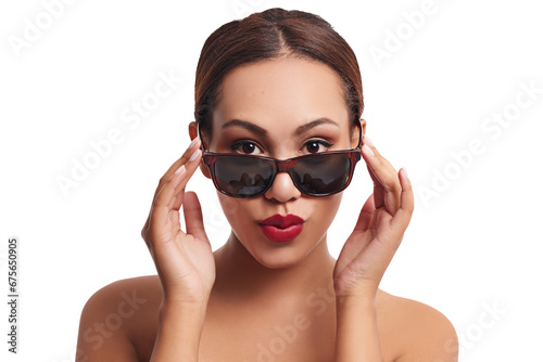Sunglasses, red lipstick and woman portrait with beauty and skincare with confidence. Makeup, cosmetics and female person with edgy and fashion glasses isolated on a transparent, png background