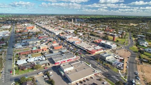 Aerial approaching the main shopping area of Belmore Street in Yarrawonga, Victoria, Australia photo