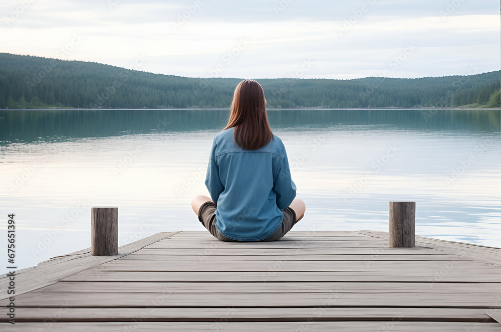 Fototapeta premium Young woman meditating on a wooden pier on the edge of a lake to improve focus