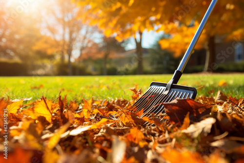 The photoshoot of a person is using the stainless garden rake to sweep and clean orange and brown autumn leaves in the garden. Generative AI.