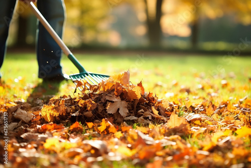 The photoshoot of a person is using the stainless garden rake to sweep and clean orange and brown autumn leaves in the garden. Generative AI.