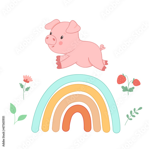 Cute piglet character jumping rainbow. Hand drawn illustration isolated on white background. Funny Farm animal for kids