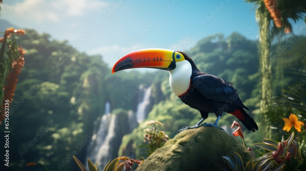 Obraz premium Tucan ramphastos toco on beautiful amazon forest background, Ramphastidae in a rainforest of the Americas