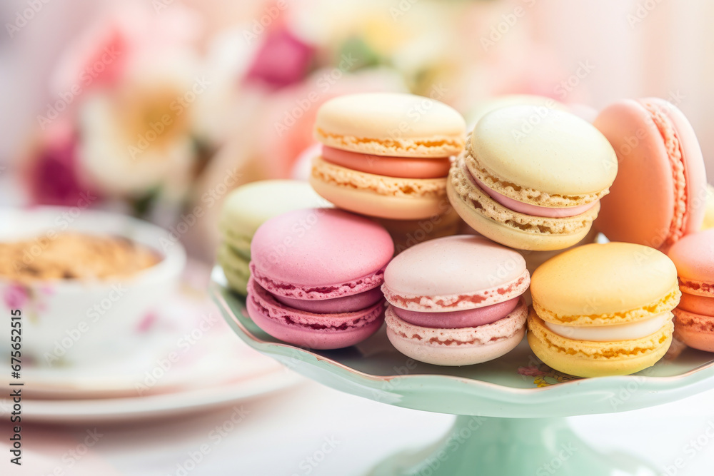 Colorful macaroon cookies background. Sweet macaroons.