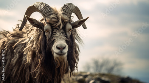 A goat with large horns has a white background © Sameera Sandaruwan