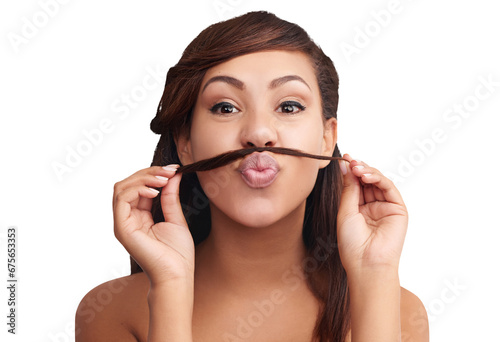 Hair moustache, pucker and portrait of woman with funny emoji expression, clean haircut or shampoo treatment. Face, spa salon or person with straight hairstyle isolated on transparent, png background photo