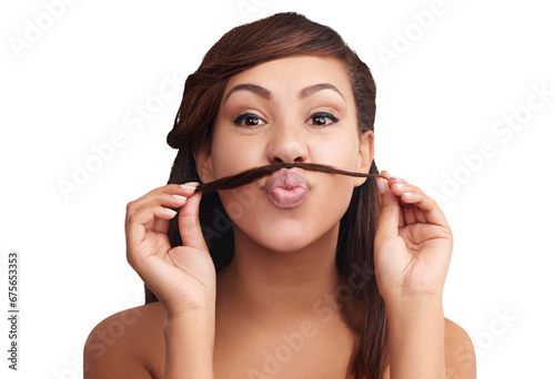 Photography Hair moustache, pucker and portrait of woman with funny emoji expression, clean haircut or shampoo treatment