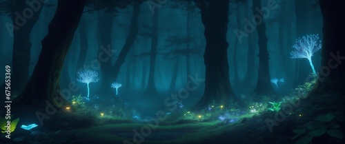 Immerse in this mystical forest scene. Blue glowing trees and flowers create a magical  dreamlike atmosphere. Perfect for fantasy projects.Created with generative AI 