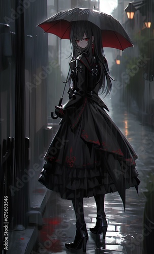 A girl in a black dress and a black umbrella, a vampire, digital artwork anime style. generative AI