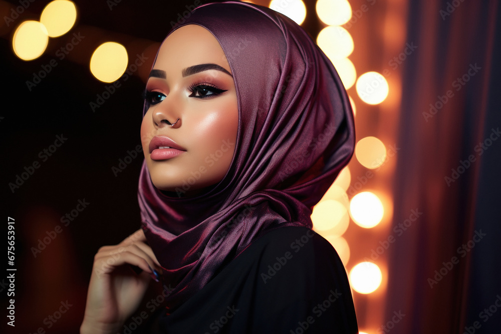 Beautiful woman in hijab on blur lights background Beautiful woman in hijab on blur lights background